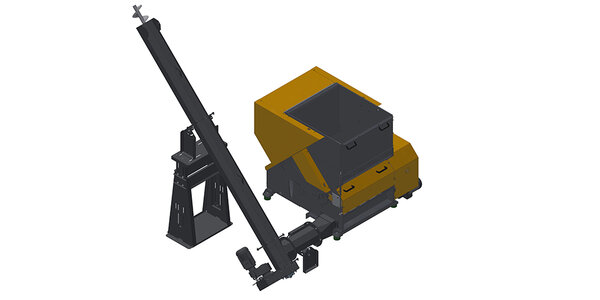 Shredding machine with discharge screw and ascending screw (pushing) 