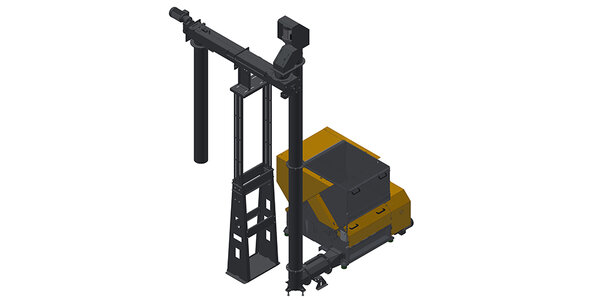 Zerkleinerungsmaschine mit Austragschnecke, Senkrechtschnecke und Verteilerschnecke (ziehend)