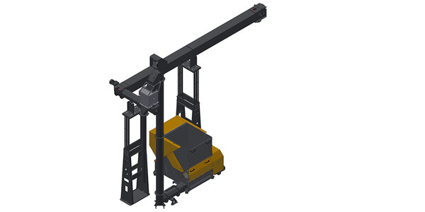 Zerkleinerungsmaschine mit Austragschnecke, Senkrechtschnecke, Trommelmagnet, Verteilerschnecke (ziehend) und Trogkettenförderer 