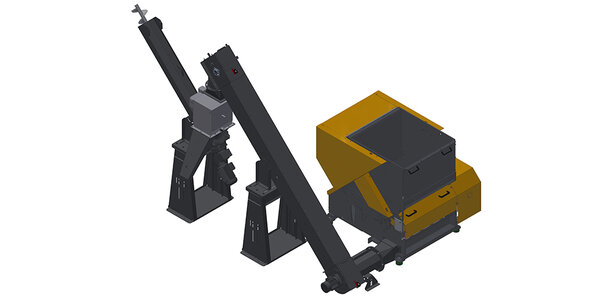 Zerkleinerungsmaschine mit Austragschnecke, Trogkettenförderer, Trommelmagnet und Steigschnecke (drückend)
